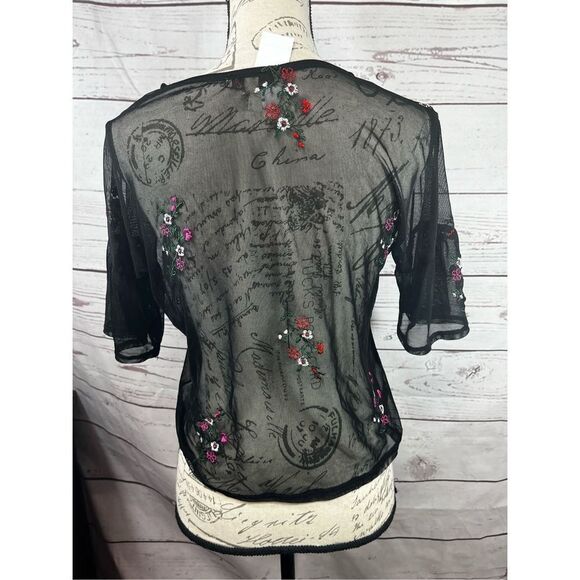 Speechless Black Mesh Embroidered Floral Bell Sleeve Top Women's XL - Picture 2 of 5